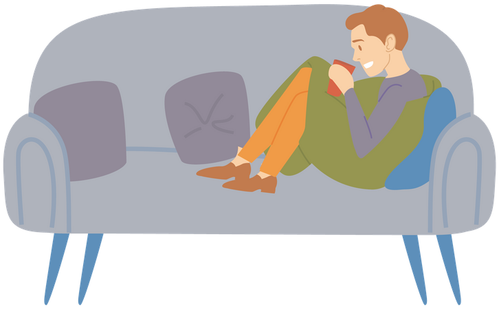 Hombre sentado en el sofá tomando café  Ilustración