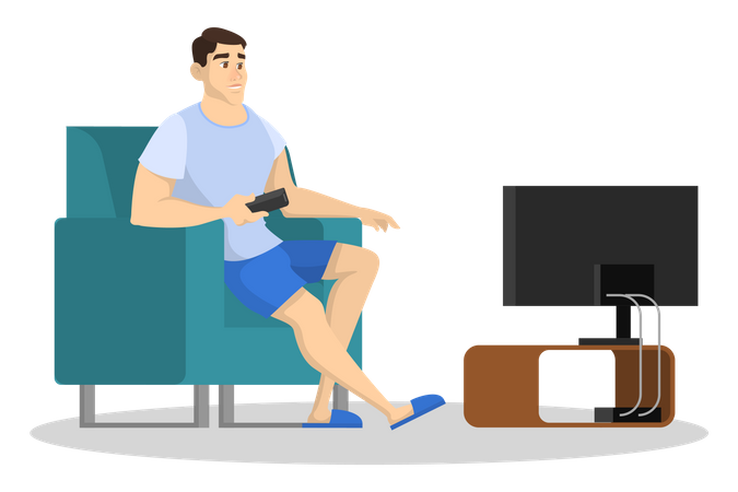 Hombre sentado en el sofá y viendo la televisión.  Ilustración