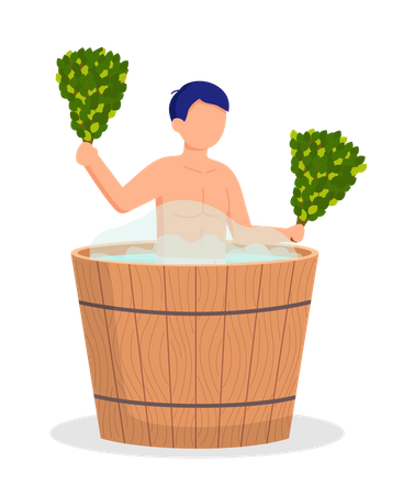 Hombre sentado en la bañera lavándose el cuerpo en la sauna  Ilustración
