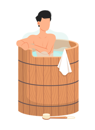 Hombre sentado en la bañera lavándose el cuerpo en la sauna  Ilustración