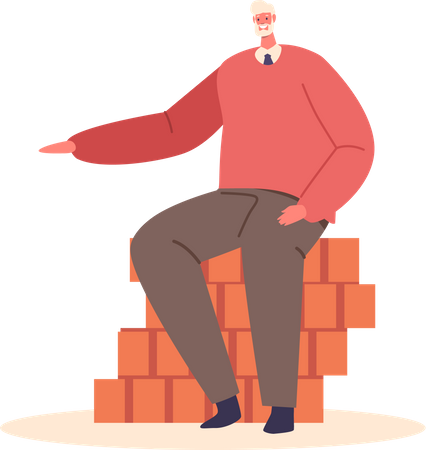 Hombre sentado en la pared de ladrillo  Ilustración