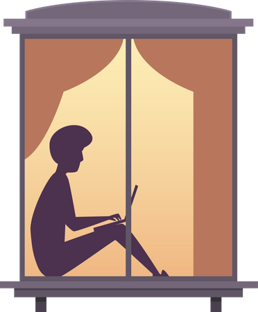 Hombre sentado en la ventana y trabajando en la computadora portátil  Ilustración