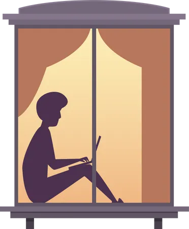 Hombre sentado en la ventana y trabajando en la computadora portátil  Ilustración