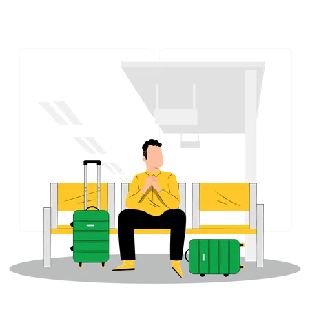 Hombre sentado en la sala de espera en el aeropuerto  Ilustración