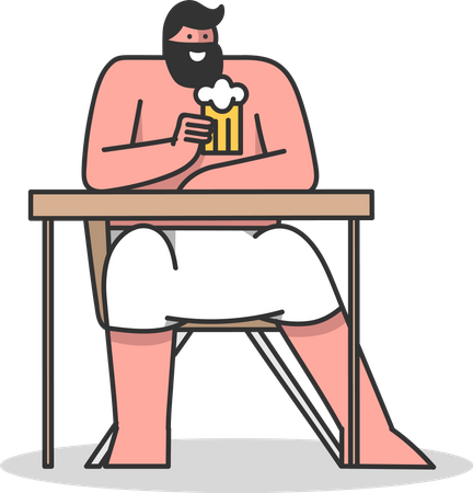 Hombre sentado en la sauna y bebiendo cerveza  Ilustración