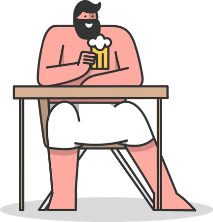 Hombre sentado en la sauna y bebiendo cerveza  Ilustración