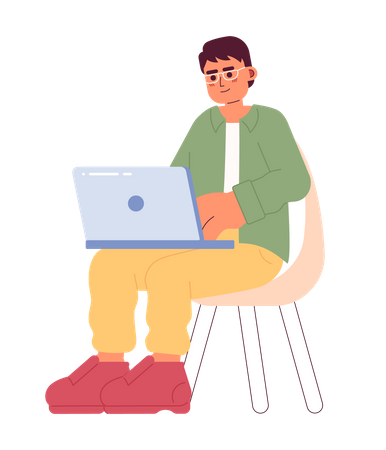 Hombre sentado en una silla con una computadora portátil  Ilustración