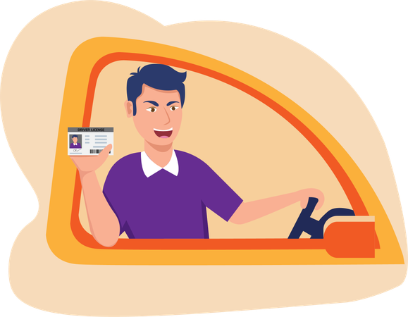 Hombre sentado en un auto nuevo y tomó el examen de conducir  Ilustración