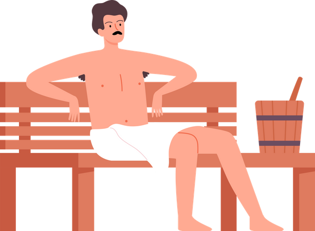Hombre sentado en un banco en el spa sauna  Ilustración
