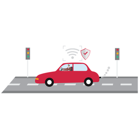Hombre sentado en un coche autónomo  Ilustración
