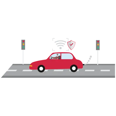 Hombre sentado en un coche autónomo  Ilustración