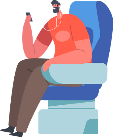 Hombre sentado en un cómodo asiento de avión  Ilustración