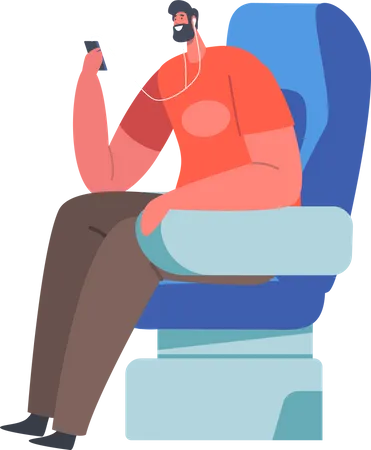 Hombre sentado en un cómodo asiento de avión  Ilustración