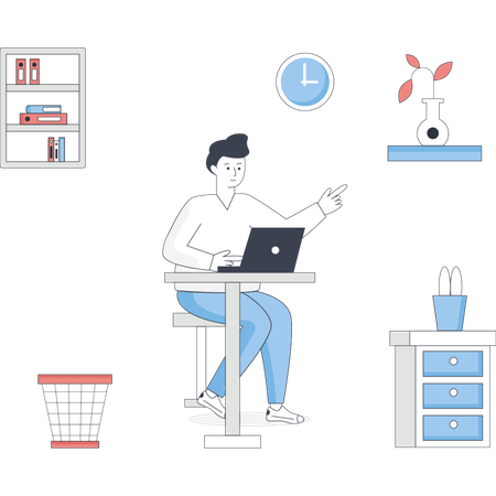 Hombre sentado en un escritorio con una computadora portátil abierta y un reloj visible en la pared detrás de él.  Illustration