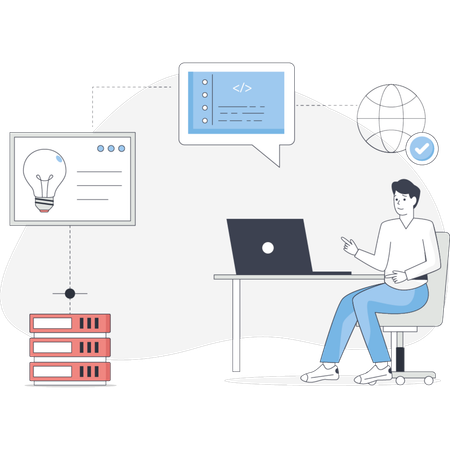 Hombre sentado en un escritorio con una computadora portátil acompañado de un ícono de nube sobre él que sugiere computación en la nube.  Ilustración