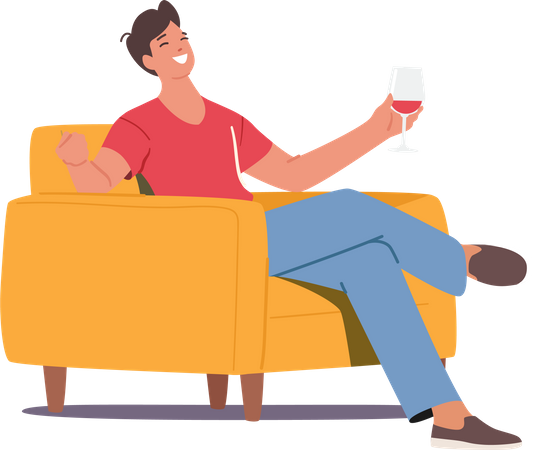 El hombre se sienta en un sillón sosteniendo una copa de vino  Ilustración