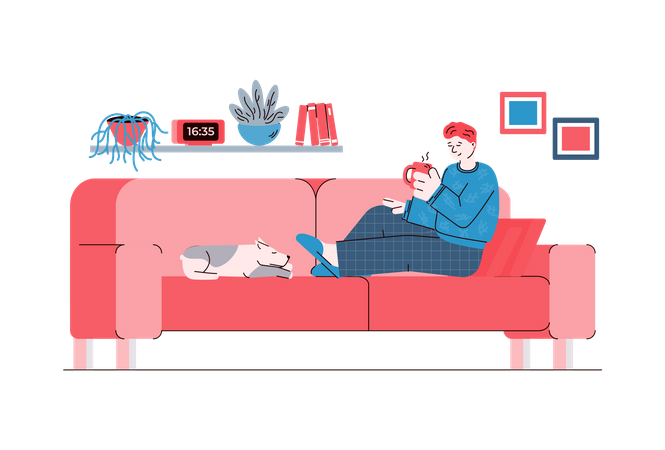 Hombre sentado en el sofá con una taza de té y un perro durmiendo  Ilustración