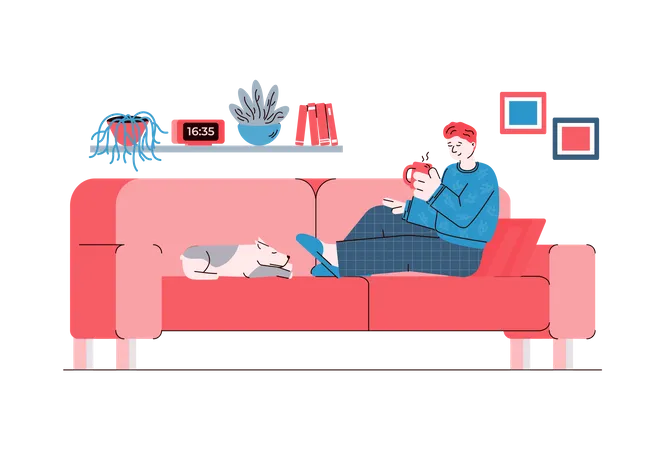 Hombre sentado en el sofá con una taza de té y un perro durmiendo  Ilustración