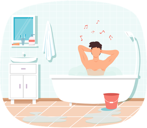 Hombre sentado en una bañera con agua caliente y haciendo música.  Ilustración