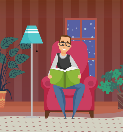 Hombre sentado en una silla y un libro de lectura  Ilustración