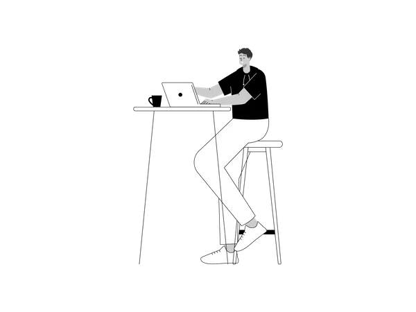 Hombre sentado en una silla y usando una computadora portátil  Ilustración