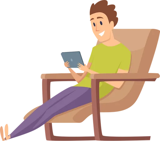 Hombre sentado en una silla y usando una tableta  Ilustración