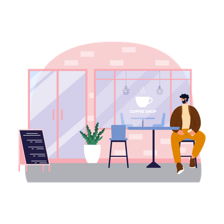 Hombre sentado afuera de la cafetería  Ilustración