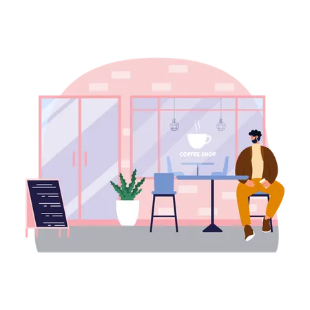 Hombre sentado afuera de la cafetería  Ilustración