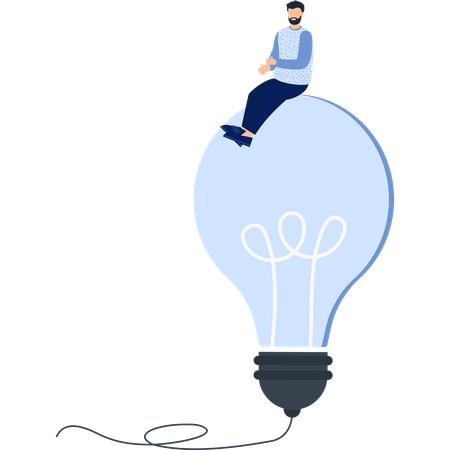Hombre sentado sobre una bombilla Innovación e inspiración  Ilustración