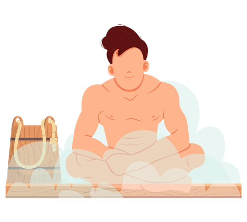 Hombre sentado y relajándose en la sauna  Ilustración