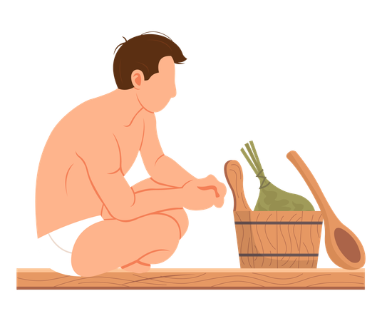 Hombre sentado y relajándose en la sauna  Ilustración