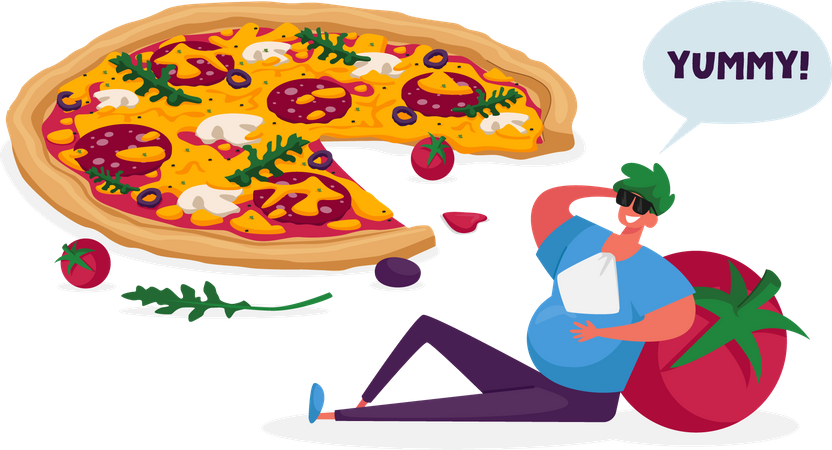 Hombre se siente lleno después de comer una sabrosa pizza italiana  Ilustración