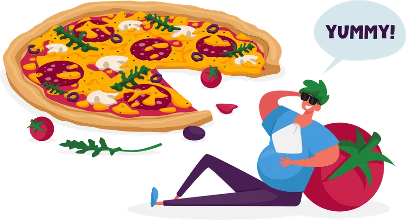 Hombre se siente lleno después de comer una sabrosa pizza italiana  Ilustración