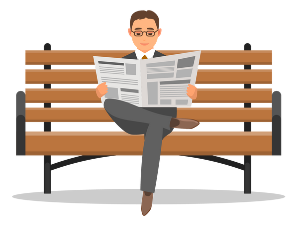Un hombre serio se sienta en un banco y lee el periódico  Ilustración