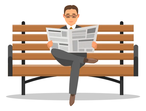 Un hombre serio se sienta en un banco y lee el periódico  Ilustración