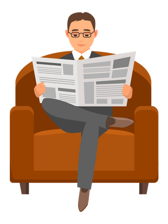 Un hombre serio se sienta en una silla y lee el periódico  Ilustración