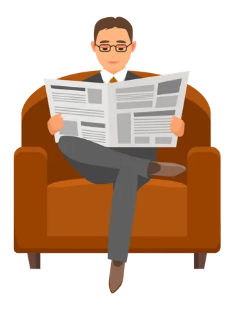 Un hombre serio se sienta en una silla y lee el periódico  Ilustración