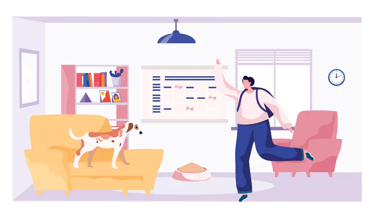 Hombre se siente feliz después de ver a su perro en casa  Ilustración