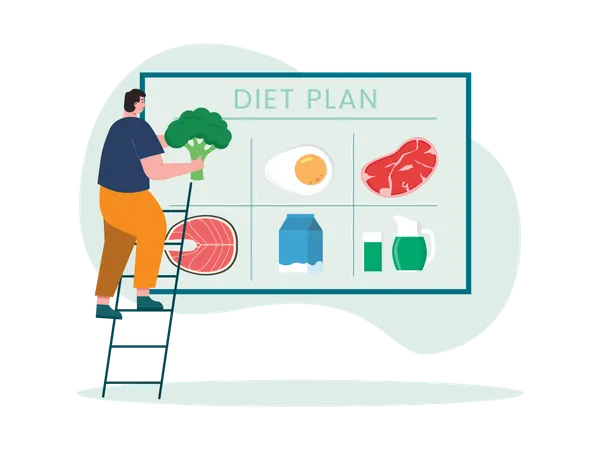 Hombre siguiendo un plan de dieta saludable  Ilustración