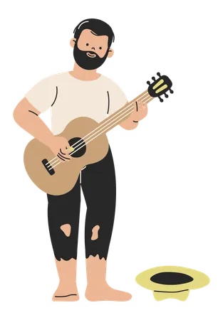 Hombre sin hogar descalzo tocando la guitarra  Ilustración