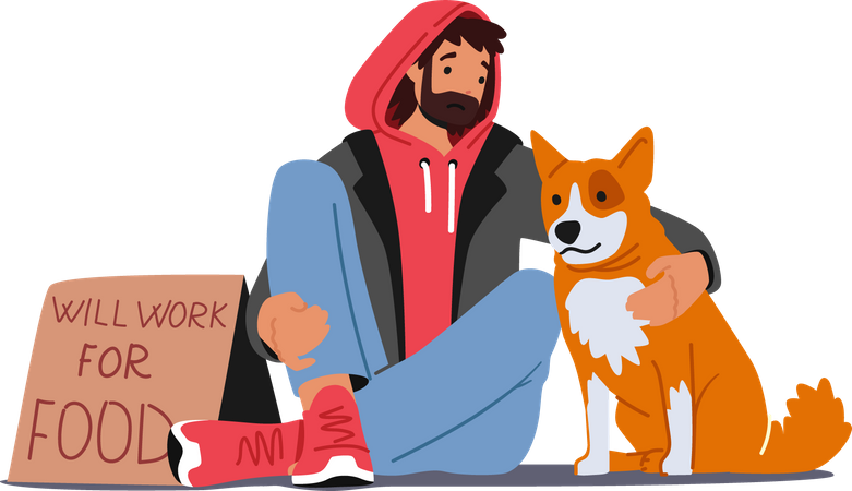 Hombre desempleado sin hogar sentado con un perro en la calle  Ilustración