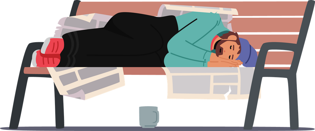 Hombre sin hogar durmiendo en un banco  Ilustración