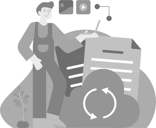 Hombre sincronizando archivos en la nube  Ilustración