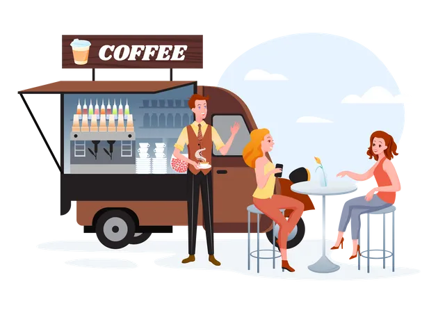 Hombre sirviendo café desde un camión  Ilustración