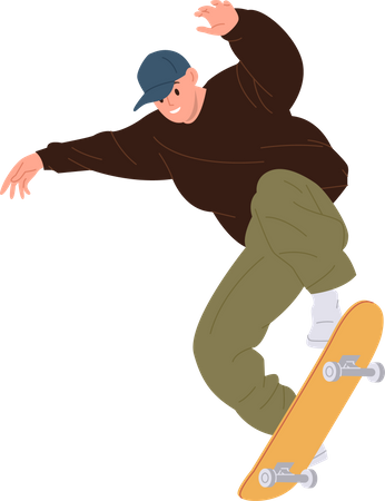Hombre skate disfrutando de movimiento de velocidad saltando en longboard  Ilustración