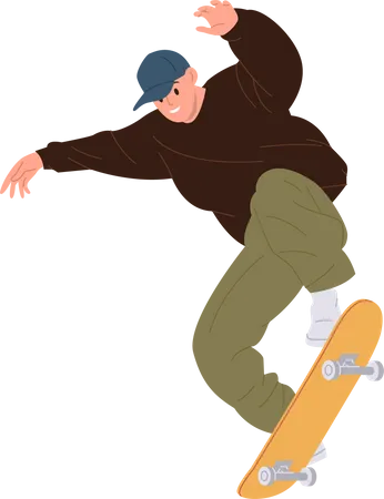 Hombre skate disfrutando de movimiento de velocidad saltando en longboard  Ilustración