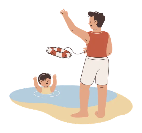 Hombre socorrista de playa lanzando salvavidas  Ilustración