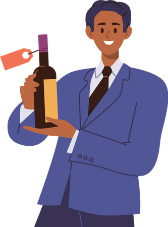 Hombre sumiller sosteniendo una botella de vino  Ilustración
