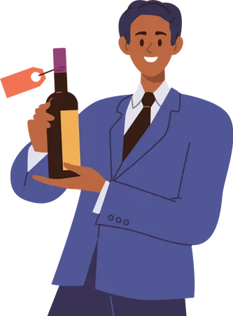 Hombre sumiller sosteniendo una botella de vino  Ilustración