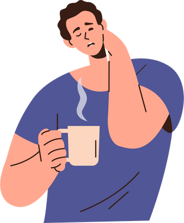 Hombre soñoliento con los ojos cerrados estirando el cuello y bebiendo café caliente  Ilustración